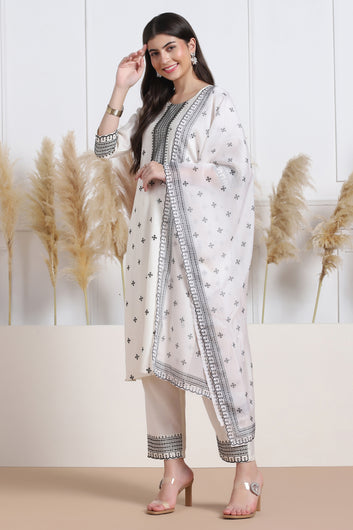 Womens White Cotton Blend Bandhani Printed Calf Length Kurta And Trouser With Dupatta Set