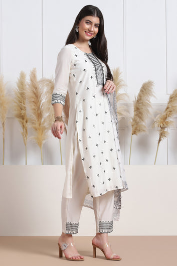 Womens White Cotton Blend Bandhani Printed Calf Length Kurta And Trouser With Dupatta Set