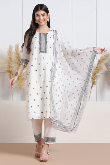 Womens White Cotton Blend Bandhani Printed Calf Length Kurta And Trouser With Dupatta Set