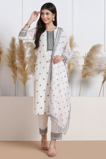 Womens White Cotton Blend Bandhani Printed Calf Length Kurta And Trouser With Dupatta Set