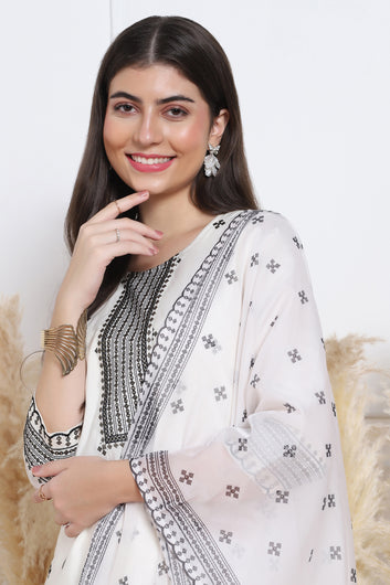 Womens White Cotton Blend Bandhani Printed Calf Length Kurta And Trouser With Dupatta Set