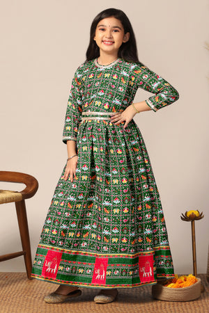 Girls Green Chinon Patola Printed Fit & Flare Maxi Length Dress