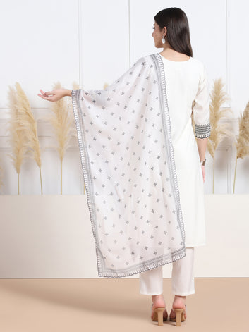 Womens White Cotton Blend Bandhani Printed Calf Length Kurta And Trouser With Dupatta Set