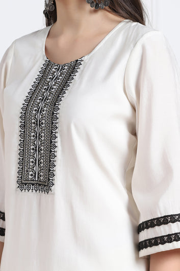 Womens White Cotton Blend Embroidered Calf Length Kurta And Trouser With Dupatta Set