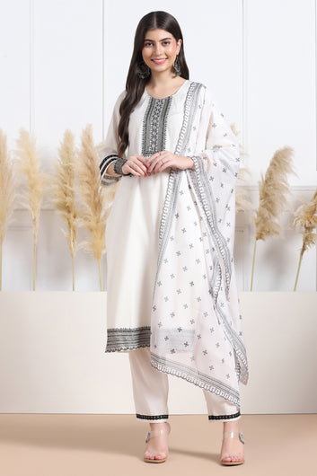 Womens White Cotton Blend Embroidered Calf Length Kurta And Trouser With Dupatta Set