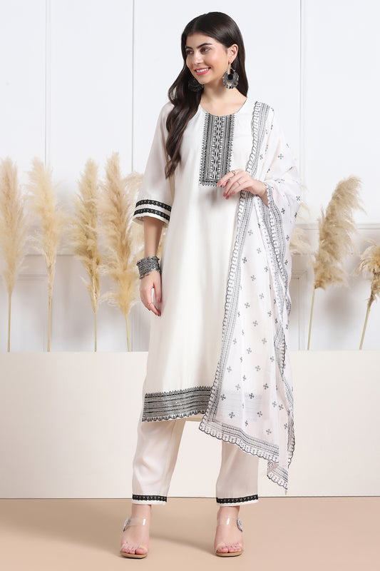 Womens White Cotton Blend Embroidered Calf Length Kurta And Trouser With Dupatta Set