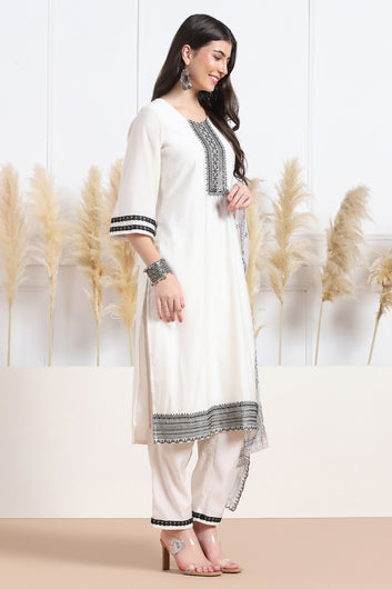 Womens White Cotton Blend Embroidered Calf Length Kurta And Trouser With Dupatta Set