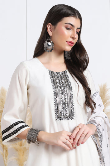 Womens White Cotton Blend Embroidered Calf Length Kurta And Trouser With Dupatta Set