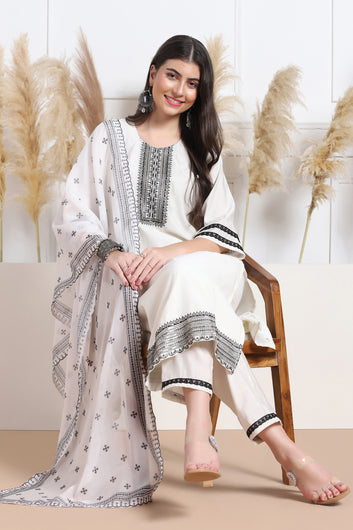 Womens White Cotton Blend Embroidered Calf Length Kurta And Trouser With Dupatta Set