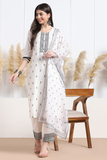 Womens White Cotton Blend Bandhani Printed Calf Length Kurta And Trouser With Dupatta Set