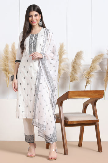 Womens White Cotton Blend Bandhani Printed Calf Length Kurta And Trouser With Dupatta Set