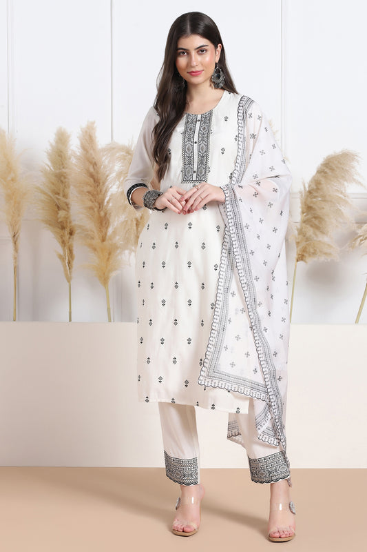 Womens White Cotton Blend Bandhani Printed Calf Length Kurta And Trouser With Dupatta Set