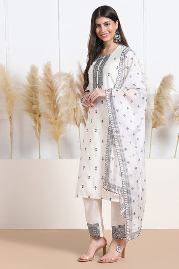 Womens White Cotton Blend Bandhani Printed Calf Length Kurta And Trouser With Dupatta Set