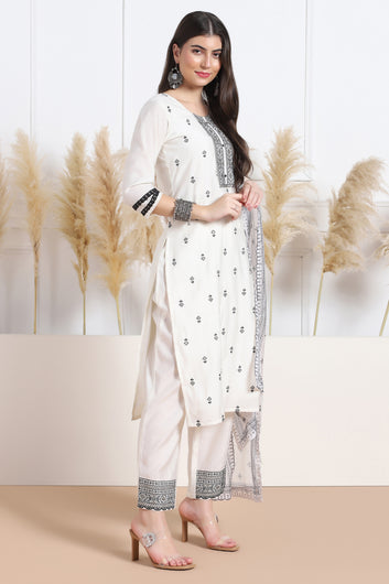 Womens White Cotton Blend Bandhani Printed Calf Length Kurta And Trouser With Dupatta Set