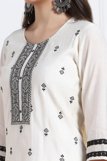 Womens White Cotton Blend Bandhani Printed Calf Length Kurta And Trouser With Dupatta Set