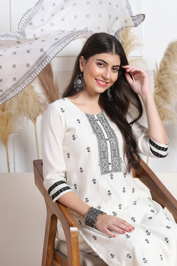 Womens White Cotton Blend Bandhani Printed Calf Length Kurta And Trouser With Dupatta Set