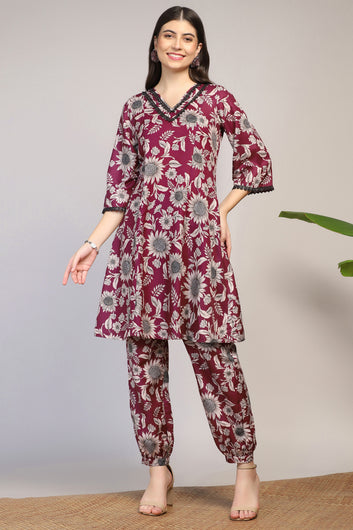 Womens Magenta Muslin Floral Printed Calf Length Kurta With Trouser Set