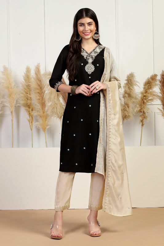 Womens Black Vichitra Embroidered Calf Length Kurta And Trouser With Dupatta Set