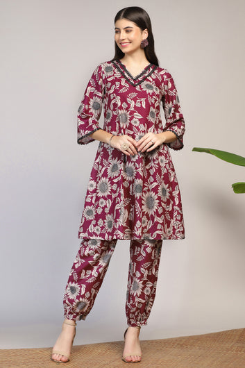 Womens Magenta Muslin Floral Printed Calf Length Kurta With Trouser Set