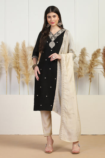 Womens Black Vichitra Embroidered Calf Length Kurta And Trouser With Dupatta Set