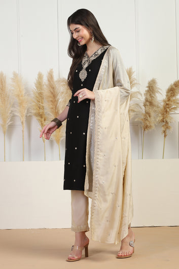 Womens Black Vichitra Embroidered Calf Length Kurta And Trouser With Dupatta Set