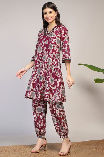 Womens Magenta Muslin Floral Printed Calf Length Kurta With Trouser Set