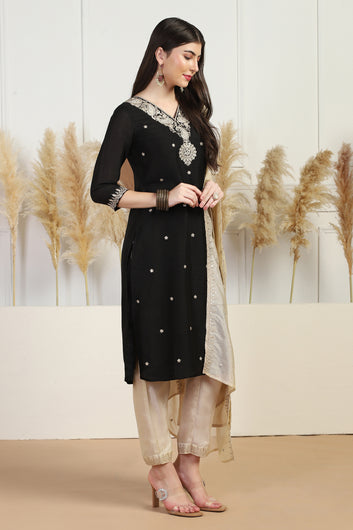 Womens Black Vichitra Embroidered Calf Length Kurta And Trouser With Dupatta Set