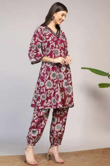 Womens Magenta Muslin Floral Printed Calf Length Kurta With Trouser Set