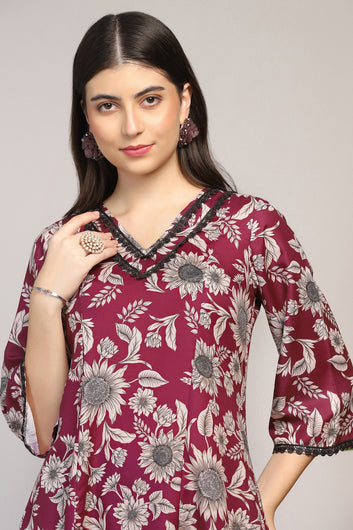 Womens Magenta Muslin Floral Printed Calf Length Kurta With Trouser Set