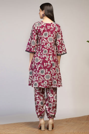 Womens Magenta Muslin Floral Printed Calf Length Kurta With Trouser Set