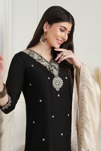 Womens Black Vichitra Embroidered Calf Length Kurta And Trouser With Dupatta Set