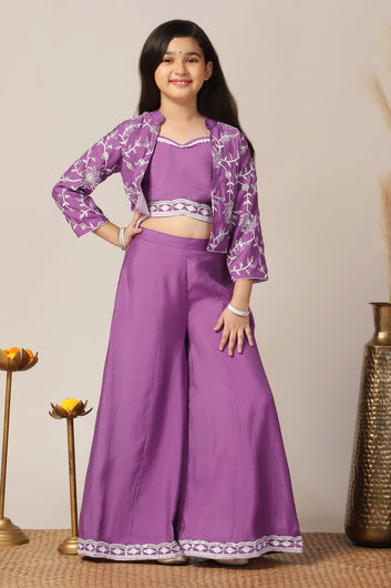 Girl's Silk Blend Purple Embroidered Crop Top, Palazzo and Embroidered Jecket Indo western Set for Girls