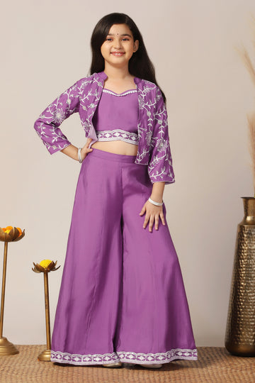 Girl's Silk Blend Purple Embroidered Crop Top, Palazzo and Embroidered Jecket Indo western Set for Girls