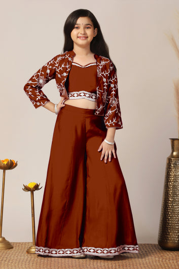 Girls Rust Silk Blend Embroidered Crop Top and palazzo with Jacket Kids Ethnic Set