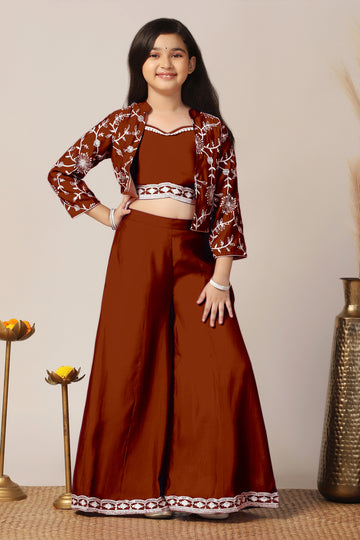 Girls Rust Silk Blend Embroidered Crop Top and palazzo with Jacket Kids Ethnic Set