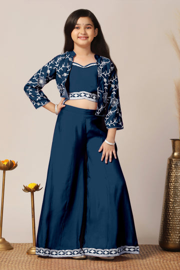 Girls Blue Silk Blend Embroidered Crop Top and palazzo with Jacket Girls Ethnic sets