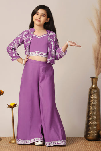Girl's Silk Blend Purple Embroidered Crop Top, Palazzo and Embroidered Jecket Indo western Set for Girls