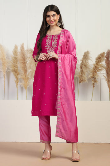 Womens Rani Vichitra Embroidered Calf Length Kurta And Trouser With Dupatta Set