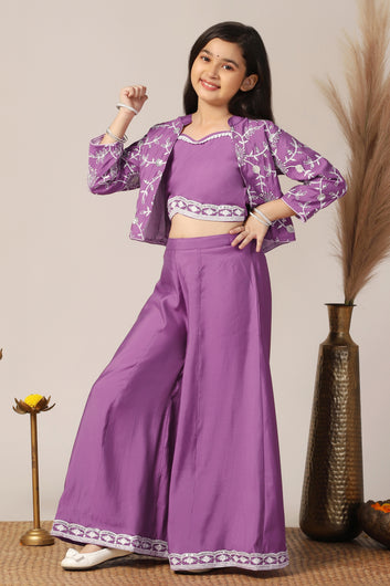 Girl's Silk Blend Purple Embroidered Crop Top, Palazzo and Embroidered Jecket Indo western Set for Girls
