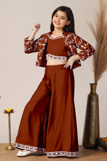 Girls Rust Silk Blend Embroidered Crop Top and palazzo with Shrug Kids Ethnic Set