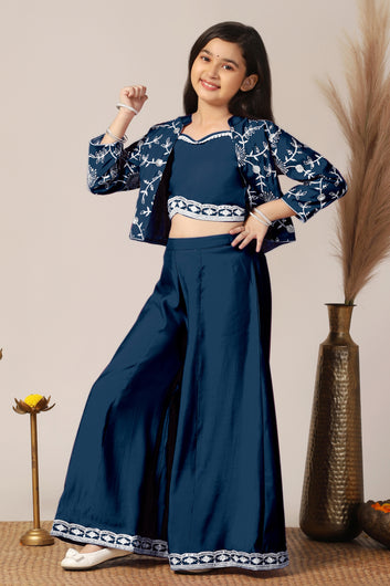 Girls Blue Silk Blend Embroidered Crop Top and palazzo with Jacket Girls Ethnic sets