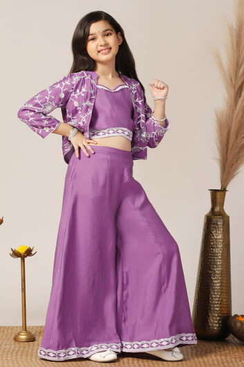 Girl's Silk Blend Purple Embroidered Crop Top, Palazzo and Embroidered Jecket Indo western Set for Girls