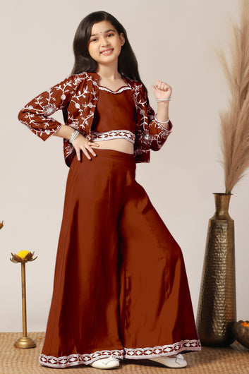 Girls Rust Silk Blend Embroidered Crop Top and palazzo with Jacket Kids Ethnic Set