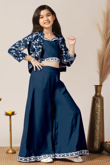 Girls Blue Silk Blend Embroidered Crop Top and palazzo with Jacket Girls Ethnic sets