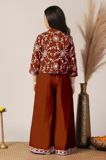 Girls Rust Silk Blend Embroidered Crop Top and palazzo with Jacket Kids Ethnic Set