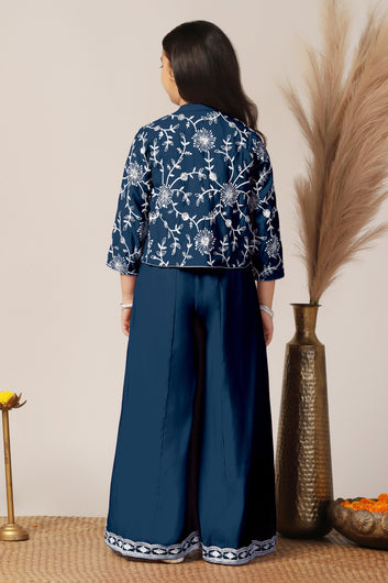 Girls Blue Silk Blend Embroidered Crop Top and palazzo with Jacket Girls Ethnic sets