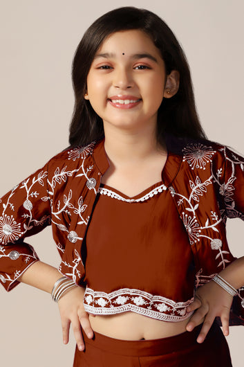 Girls Rust Silk Blend Embroidered Crop Top and palazzo with Jacket Kids Ethnic Set