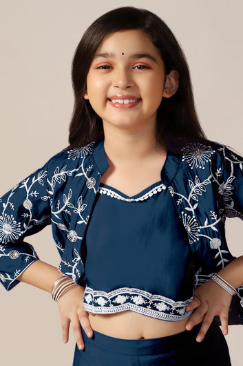 Girls Blue Silk Blend Embroidered Crop Top and palazzo with Jacket Girls Ethnic sets