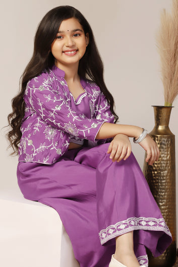 Girl's Silk Blend Purple Embroidered Crop Top, Palazzo and Embroidered Jecket Indo western Set for Girls