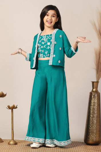 Girl's Silk Blend Teal Embroidered Crop Top, Palazzo and Embroidered Jecket Indo western Set for Girls